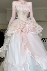Pink Boat Neck Ruffled Bow Sweet Princess Lolita Dress - Long-Skirt(Only) - 12