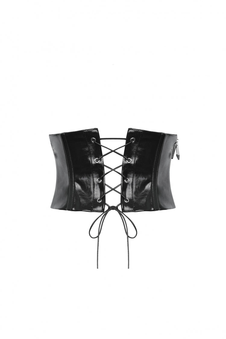 Black Lace-Up Buckled Women's Punk Patent Leather Underbust Corset - Product - 16