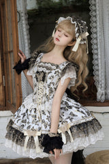 Cream [Golden Spirit • Dream Butterfly] Sleeveless Print Ruffle Bowknot Lace-Up Sweet Princess Lolita Jsk Dress Set - Product - 8