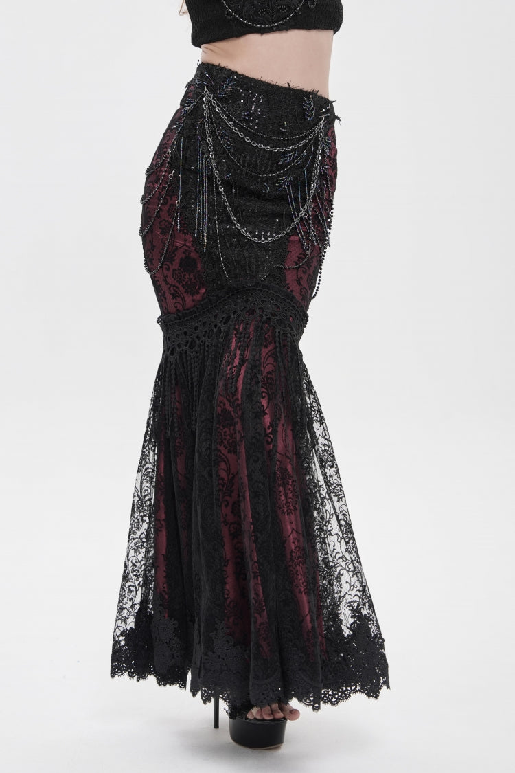 Black/Red Double-Layered Embroidered Lace Slim Pearl-Decorated Women's Gothic Skirt - Product - 2