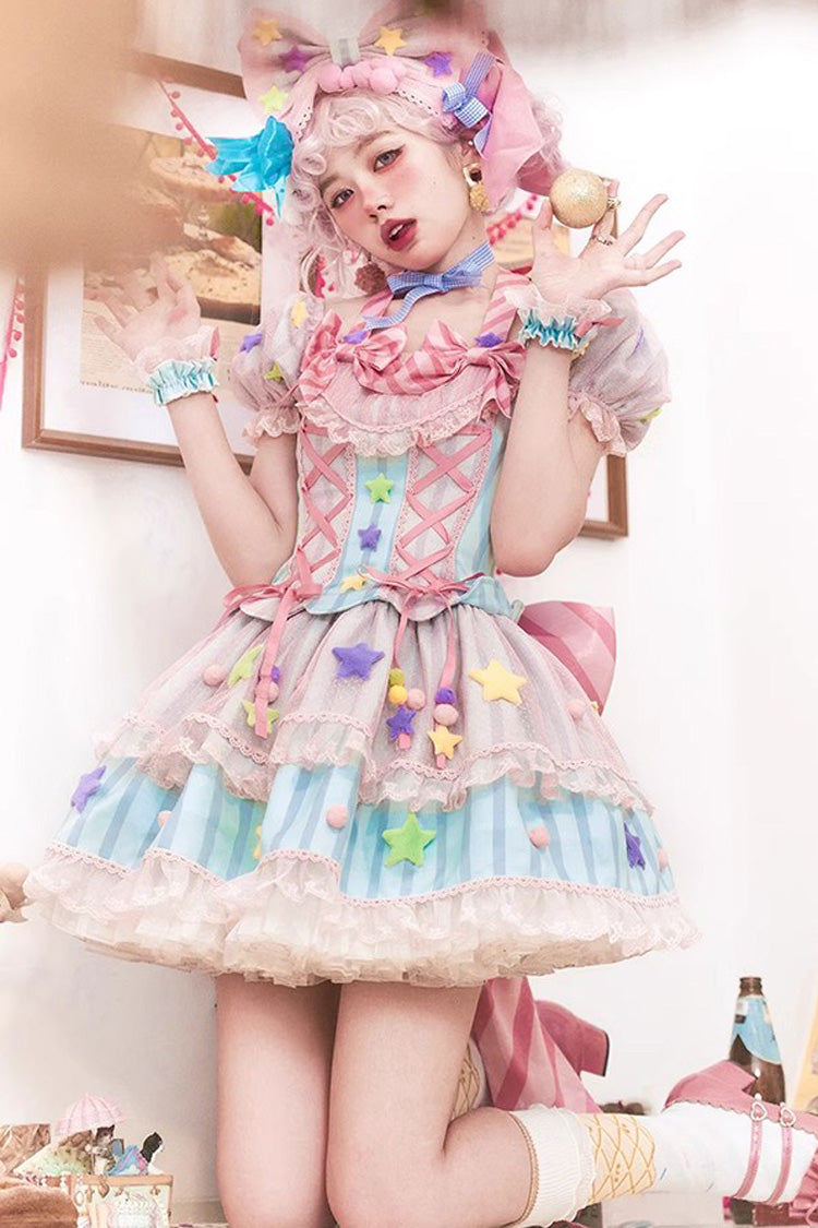 Pink [Sugar Magic] Print Ruffle Bowknot Lace Lace-Up Sweet Lolita Dress - Product - 6