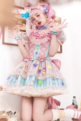 Pink [Sugar Magic] Print Ruffle Bowknot Lace Lace-Up Sweet Lolita Dress - Product - 6