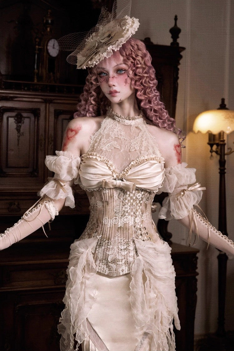 Golden [Cupid’s Poetry Box] Halterneck Ruffled Embroidered Bow Lace Slim Fishbone Gothic Lolita Top and Skirt Dress Set - Product - 5