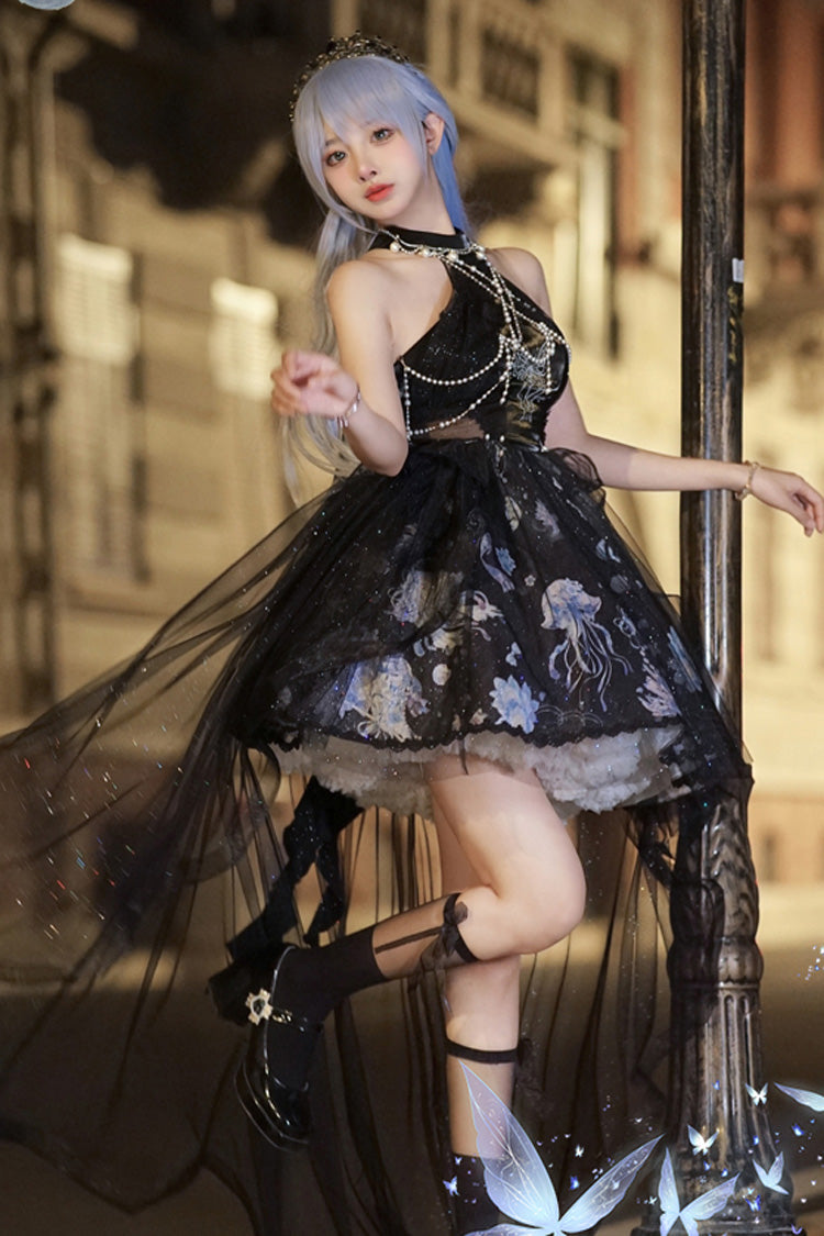 Blue [Deep Sea Jellyfish] Halterneck Sleeveless Print Embroidery Bowknot Lace Sweet Elegant Lolita Jsk Dress - Product - 7