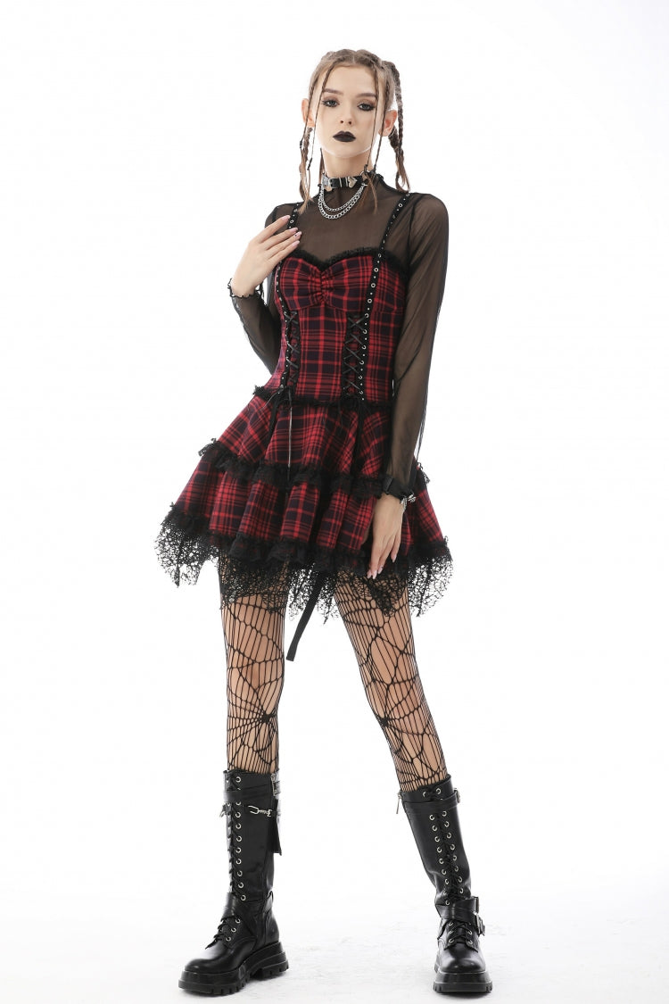 Red Sleeveless Hem Plaid Layered Lace Women's Punk Mini Strap Dress - Product - 6