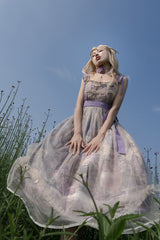 Purple [Oil Painting – In the Shade of Blossoming Trees] Sleeveless Print Ruffle Bowknot Lace Sweet Lolita Jsk Dress - Product - 14