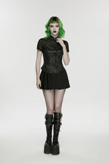 Black Lapel Collar Short Sleeves Lace-Up Mesh Eyelet Women's Punk Blouse - Product - 9