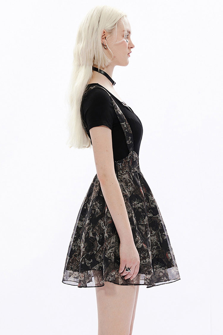 Black Super Cool Chiffon Lace Cat Print Straps Waist Low Cut A-Shaped Wide Hem Suspender Gothic Women's Skirt - Product - 3