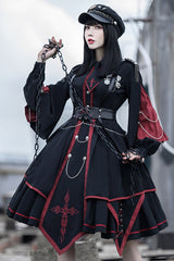 Black/Red Long Sleeves Punisher Military Irregular Gothic Lolita Dress Full Set - Product - 3