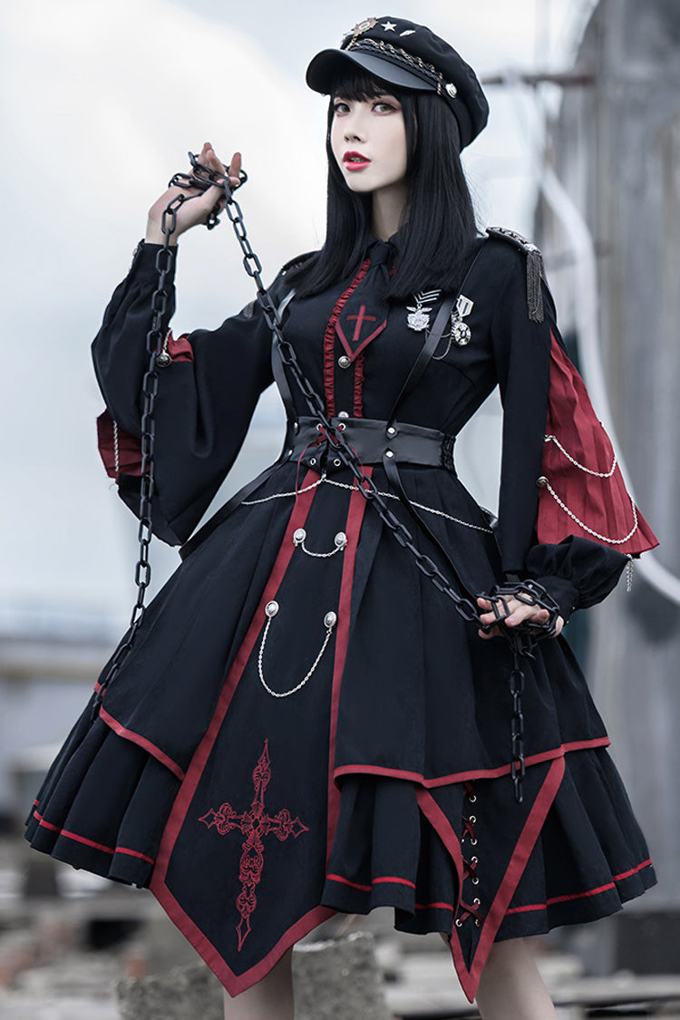 Black/Red Long Sleeves Punisher Military Irregular Gothic Lolita Dress Full Set - Product - 3