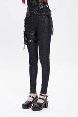 Black Print Buckle Straps Women's Punk Pants with Leg Bag - Product - 2