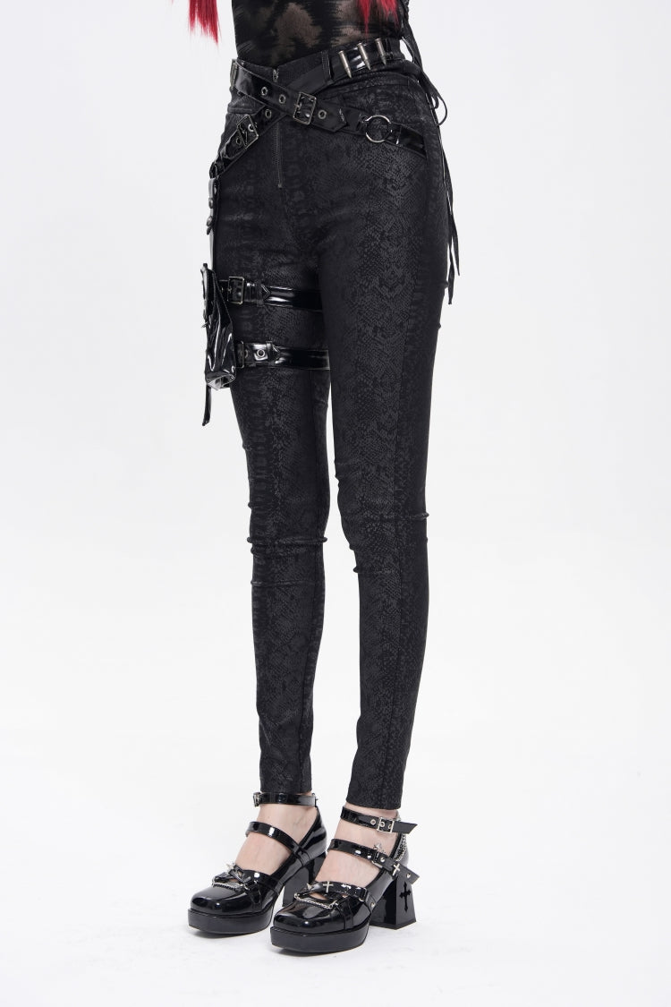 Black Print Buckle Straps Women's Punk Pants with Leg Bag - Product - 2
