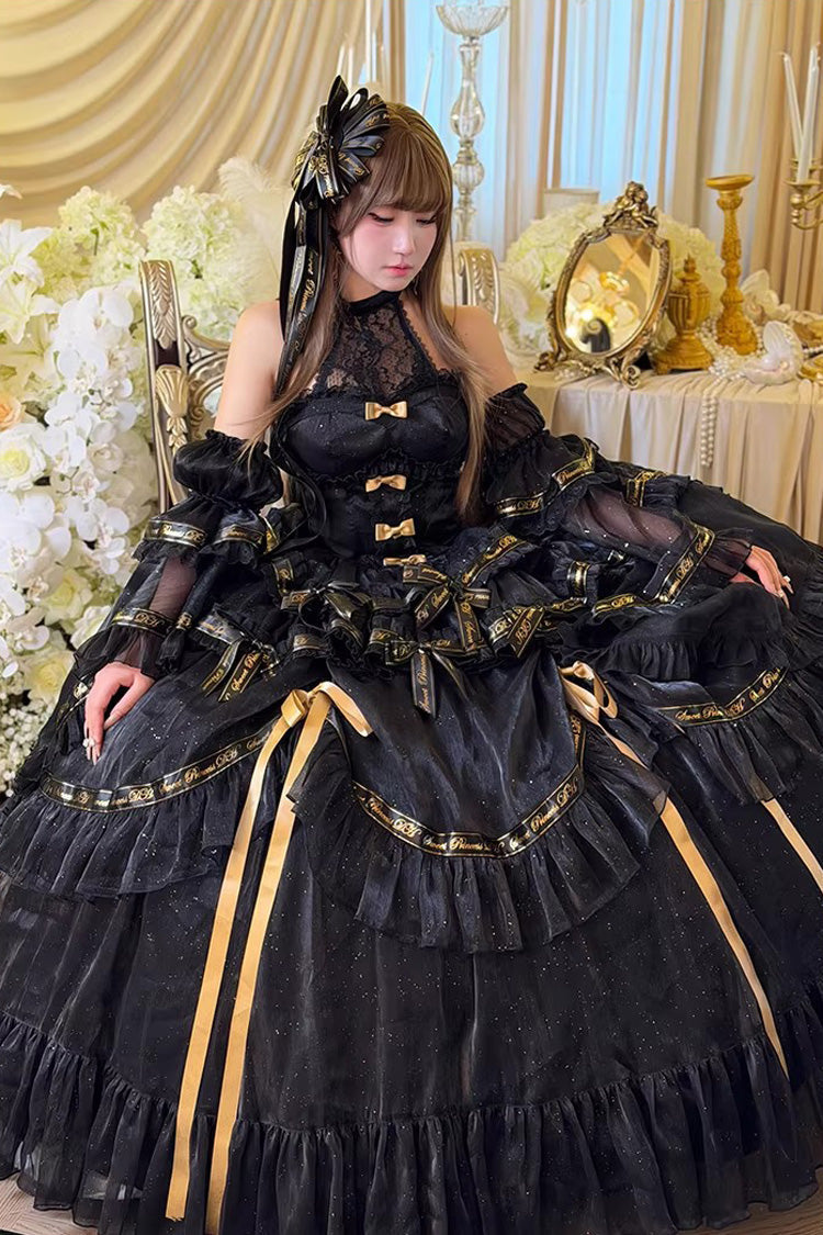 Black [Obsidian Banquet] Double-Layered Ruffled Hanayome Bow Lace Sweet Gothic Princess Lolita Jsk Dress - Product - 7