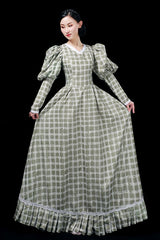 Dark Green Long Sleeves Plaid Print High Waisted Ruffled Victorian Lolita Prom Dress - Product - 2