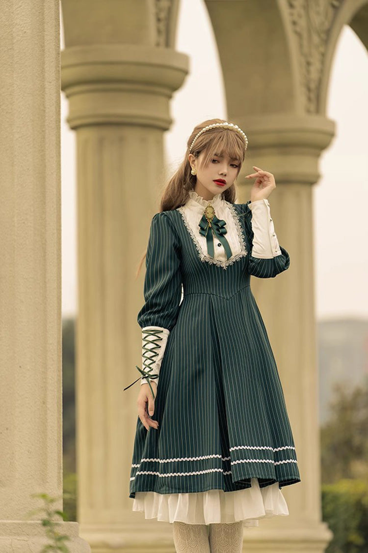 British Girl Long Sleeves Striped Print Ruffle Sweet Elegant Lolita Dress 2 Colors - Product - 5