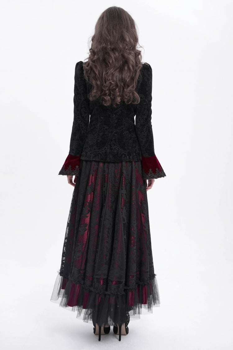 Black/Red Stand Collar Long Trumpet Sleeves Embroidery Women's Gothic Jacket - Product - 7