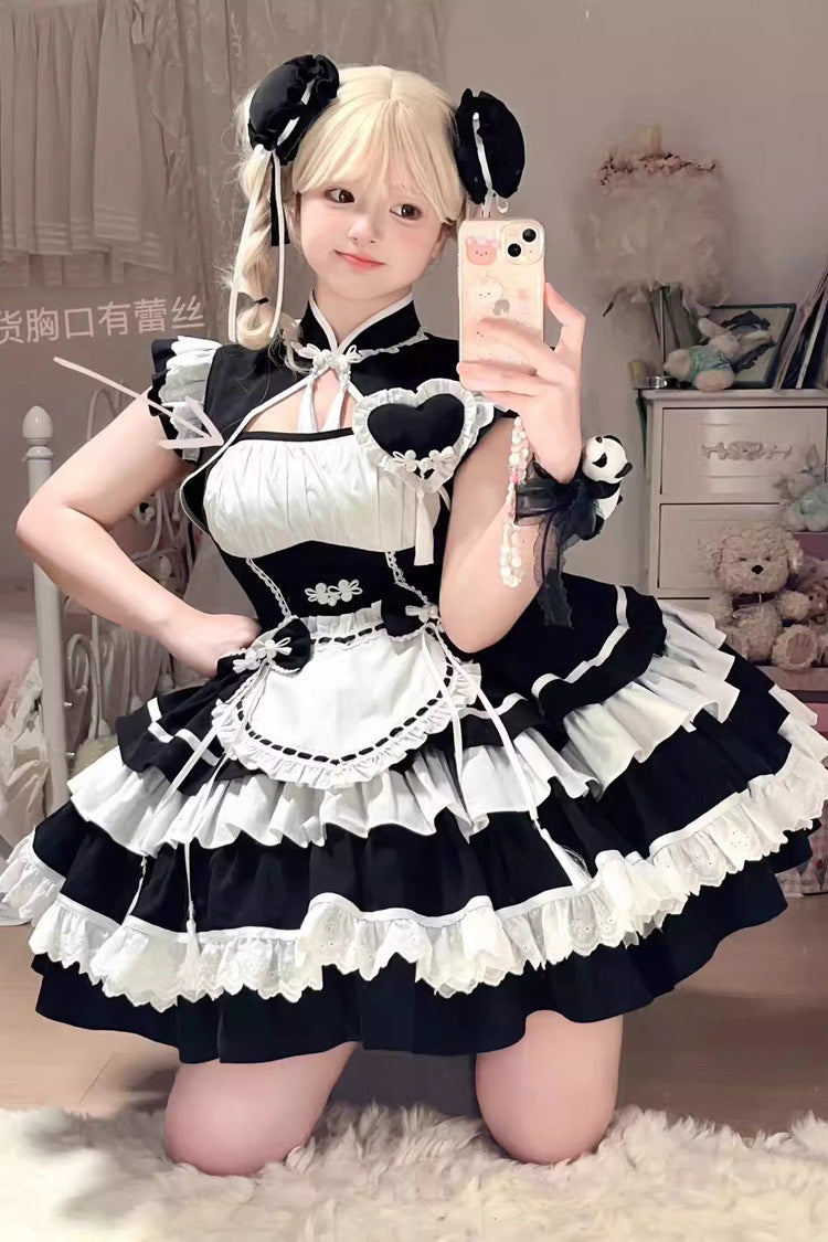 Black/White Multi-Layered Ruffle Sweet Chinese Style Maid Cheongsam Lolita Dress - Product - 5