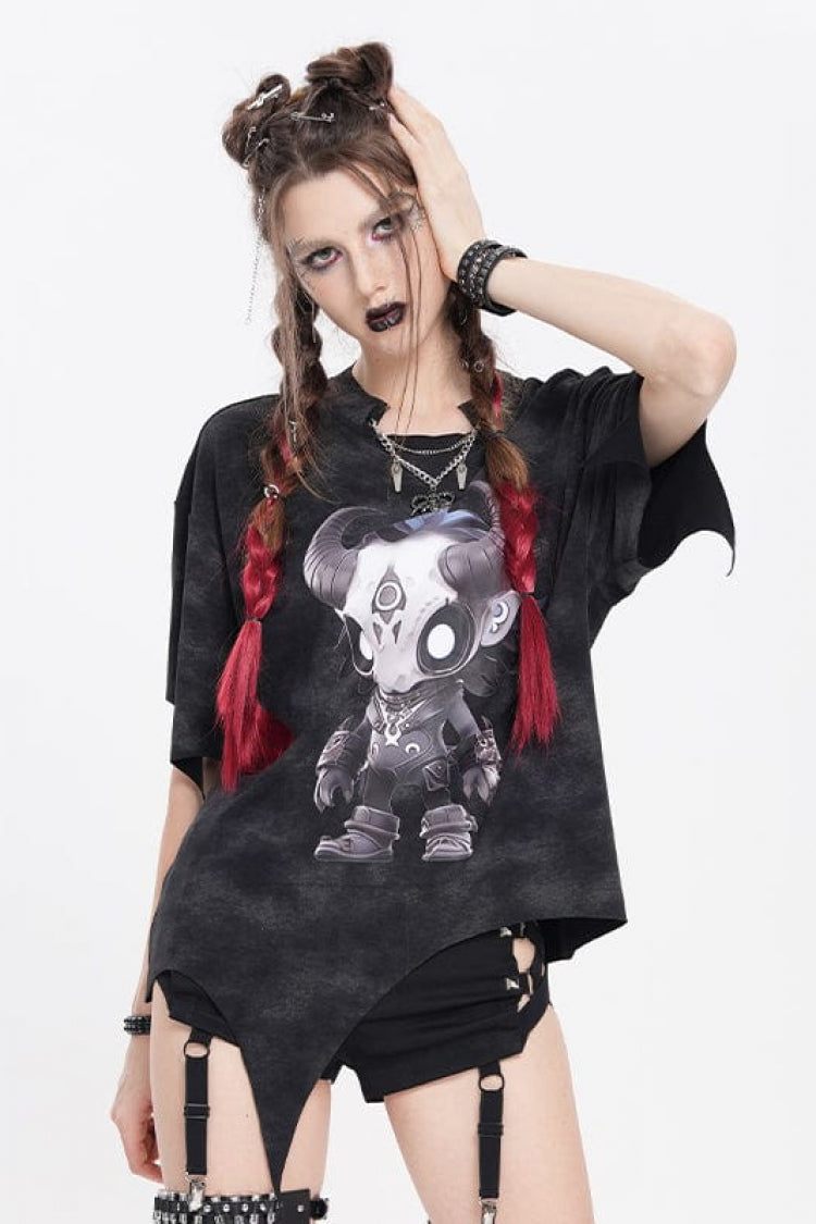 Black Short Sleeves Hitt Print Irregular Women's Punk T-Shirt - Black - 1