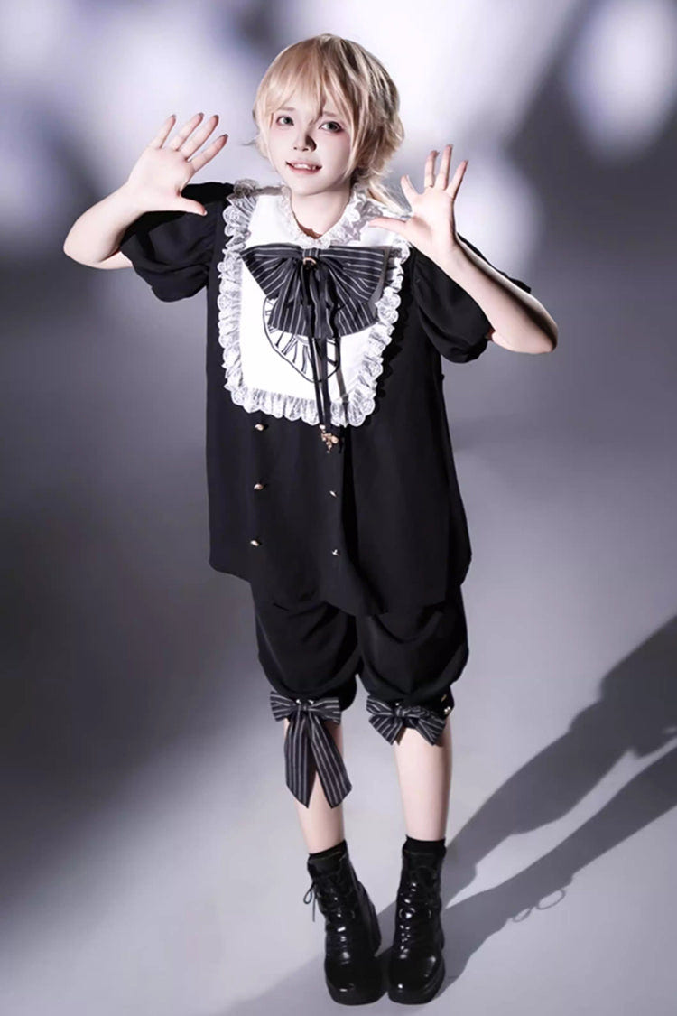 Black/White [Rabbit Hole] Long Sleeves Bow Gothic Prince Ouji Lolita Set - Product - 8