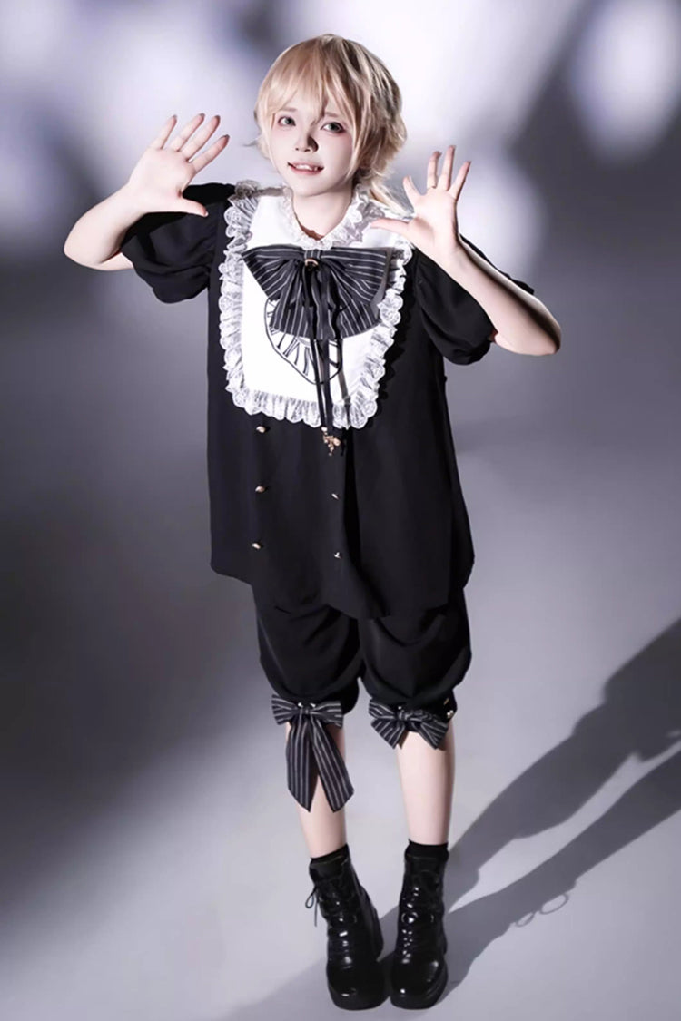 Black/White [Rabbit Hole] Long Sleeves Bow Gothic Prince Ouji Lolita Set - Product - 8