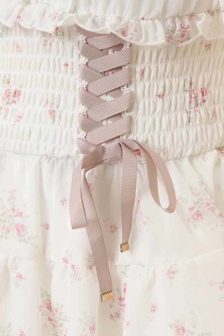 Ivory Off Shoulder Long Sleeves Floral Print Ruffle Bowknot Lace-Up Sweet Jirai Kei Japanese Skirt Set - Product - 7