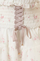 Ivory Off Shoulder Long Sleeves Floral Print Ruffle Bowknot Lace-Up Sweet Jirai Kei Japanese Skirt Set - Product - 7