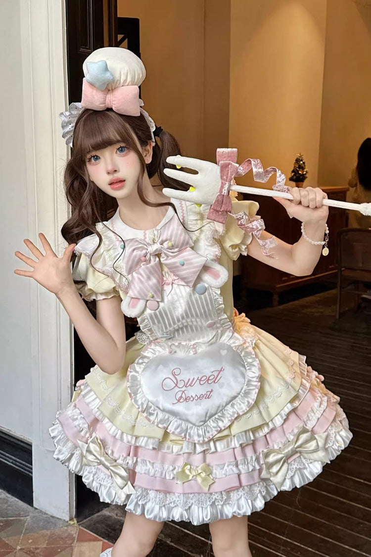 Yellow/Pink Sweet Bunny Chef Short Sleeves Multi-Layered Ruffle Bowknot Sweet (Set) detail view 3
