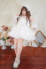 White Sleeveless Multi-Layered Ruffled Bow Lace Pearl-Decorated Sweet Plus Size Lolita Dress - Product - 7