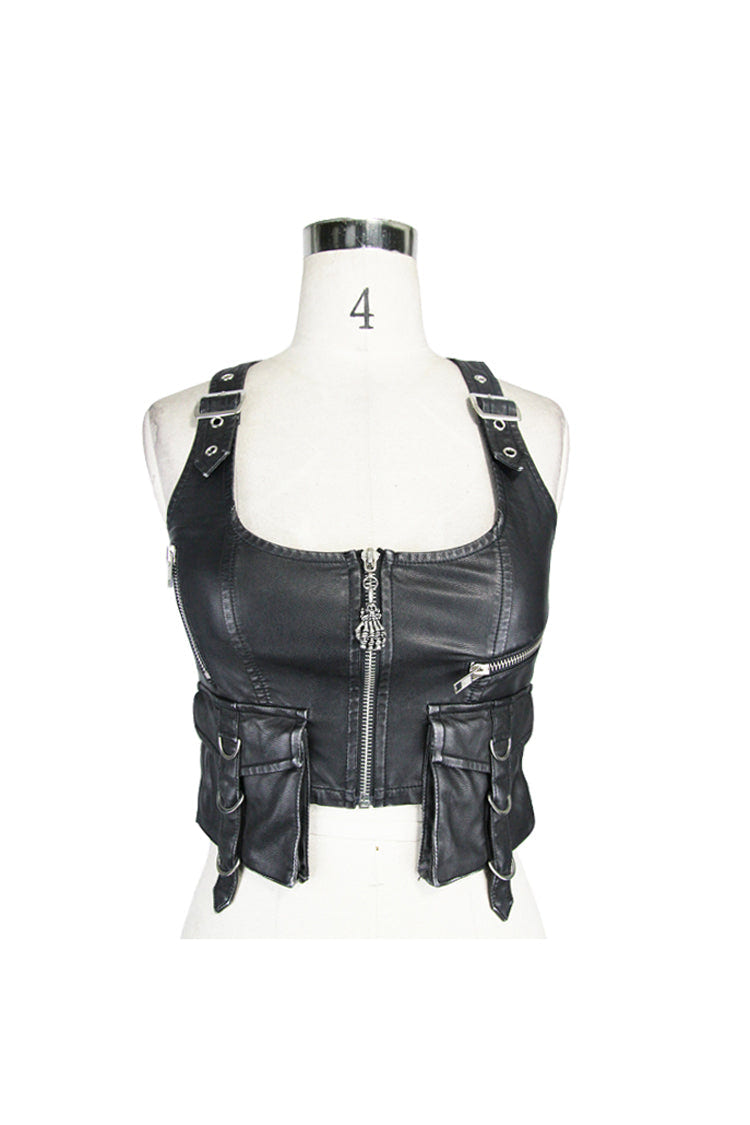 Black/Silver Hand Rubbed Leather Hasp Zipper Short Women's Punk Waistcoat - Product - 7