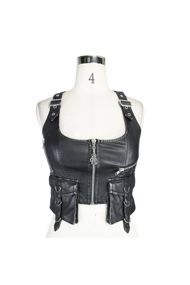 Black/Silver Hand Rubbed Leather Hasp Zipper Short Women's Punk Waistcoat - Product - 7
