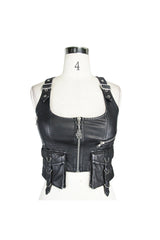 Black/Silver Hand Rubbed Leather Hasp Zipper Short Women's Punk Waistcoat - Product - 7