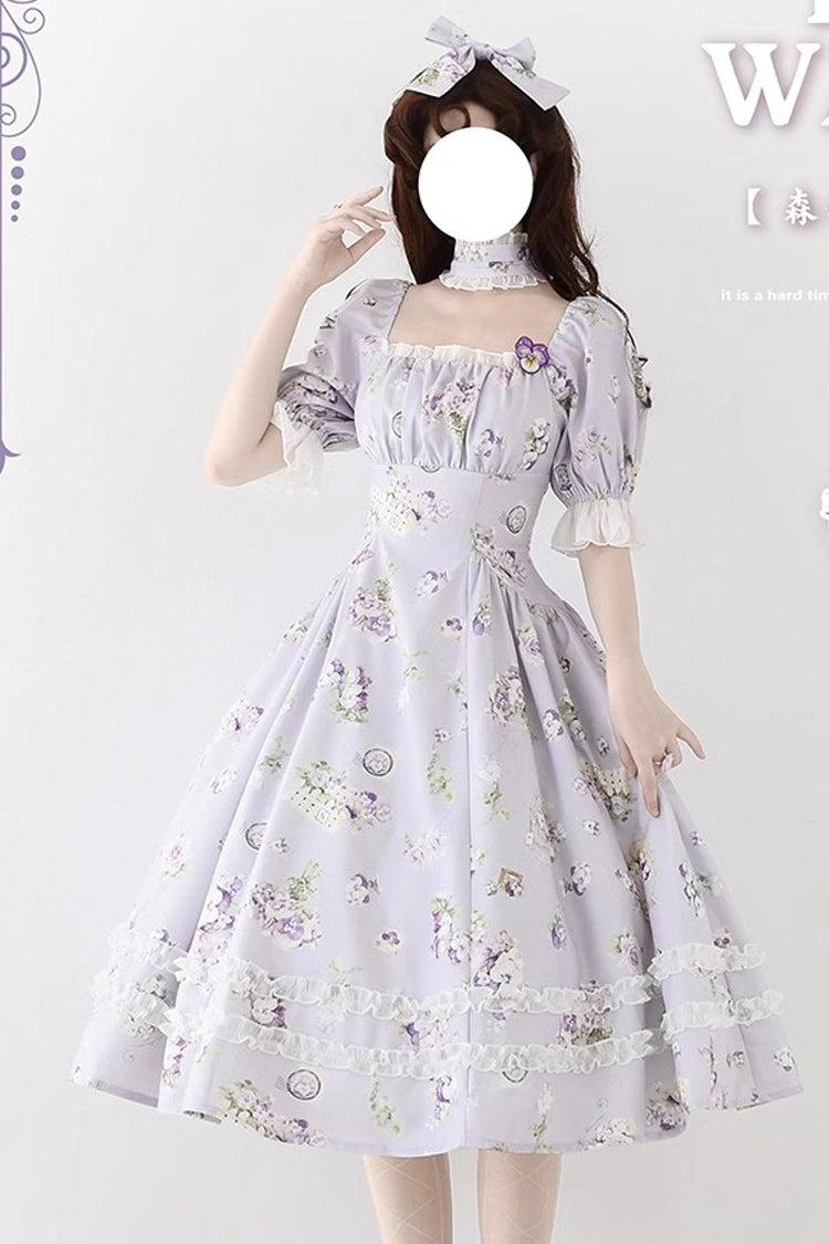[Forest Basket] Print Short Sleeves Ruffle Lace Sweet Elegant Lolita Dress 6 Colors - Product - 15