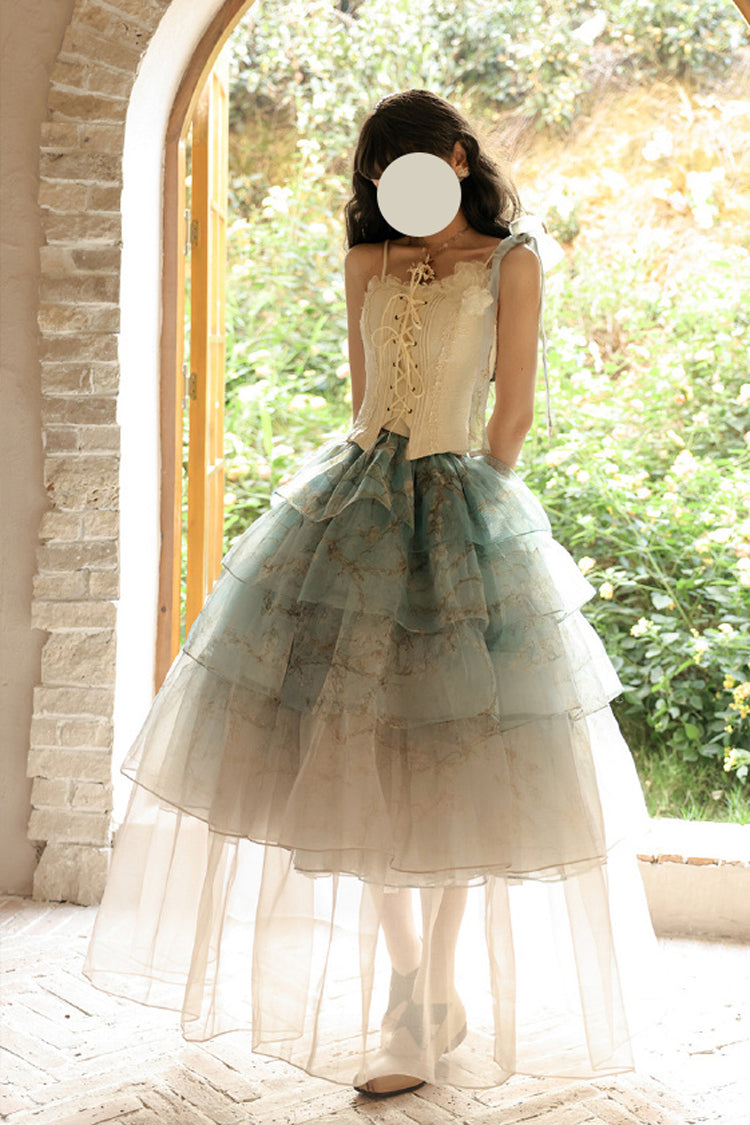 Green Gradient Multi-Layered Print Sweet Lolita Skirt - Green - 1