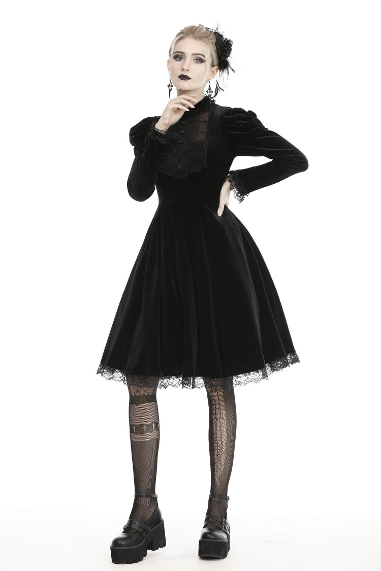Black Lace Long Puff Sleeves Women's Gothic Velet Dress - Product - 10