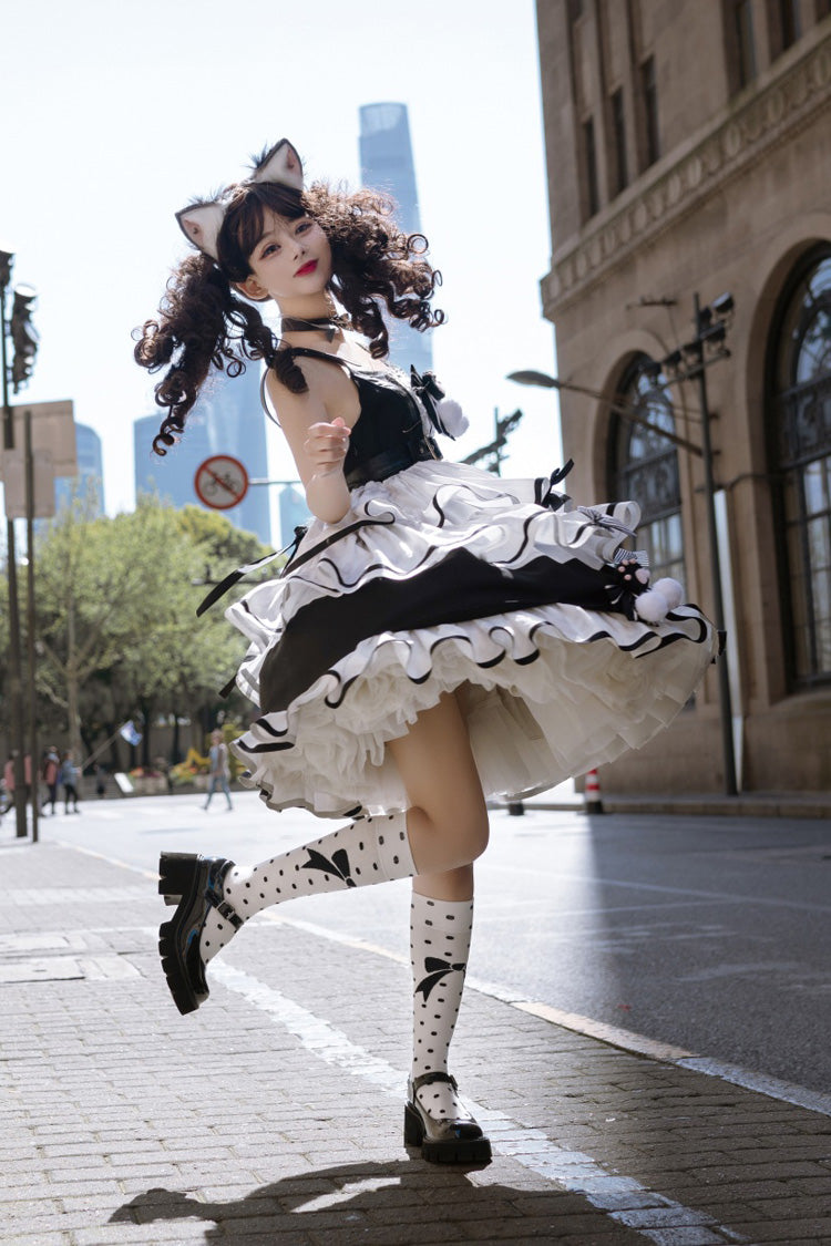 Black/White [Cat Fist] Triple-Layered Ruffle Bowknot Sweet Lolita Jsk Dress - Product - 8