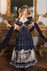 Blue [Unicorn] V Collar Short Sleeves Empire Motif Print Embroidery Bowknot Lace Sweet Elegant Lolita Dress - Blue - 1