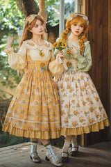 Apricot [Gardening Sunflower] Sleeveless Print Ruffle Bowknot Sweet Elegant Uplift Lolita Jsk Dress - Product - 4
