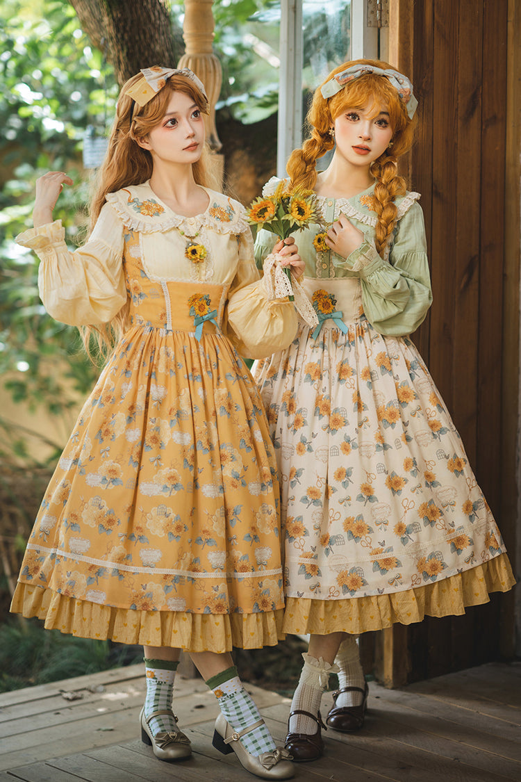 Apricot [Gardening Sunflower] Sleeveless Print Ruffle Bowknot Sweet Elegant Uplift Lolita Jsk Dress - Product - 4