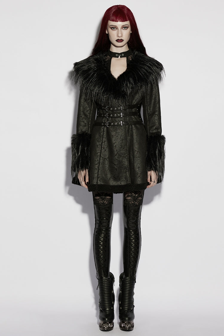 Black Plush Lapel Collar Long Sleeves Buckle Straps Women's Gothic Coat - Black - 1