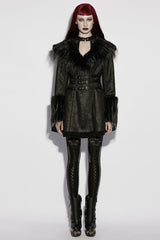 Black Plush Lapel Collar Long Sleeves Buckle Straps Women's Gothic Coat - Black - 1