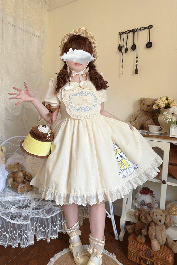 アプリコット [Sweet Dream Bunny] 丸襟 半袖 フリル 刺繍 リボン スウィート 大きいサイズ ロリータワンピース 商品画像