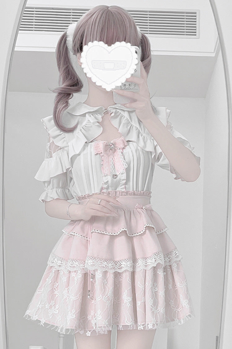 White/Pink Short Sleeves Triple-Layered Ruffle Bowknot Lace Jirai Kei Japanese Skirt Set - Product - 5