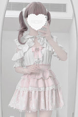 White/Pink Short Sleeves Triple-Layered Ruffle Bowknot Lace Jirai Kei Japanese Skirt Set - Product - 5
