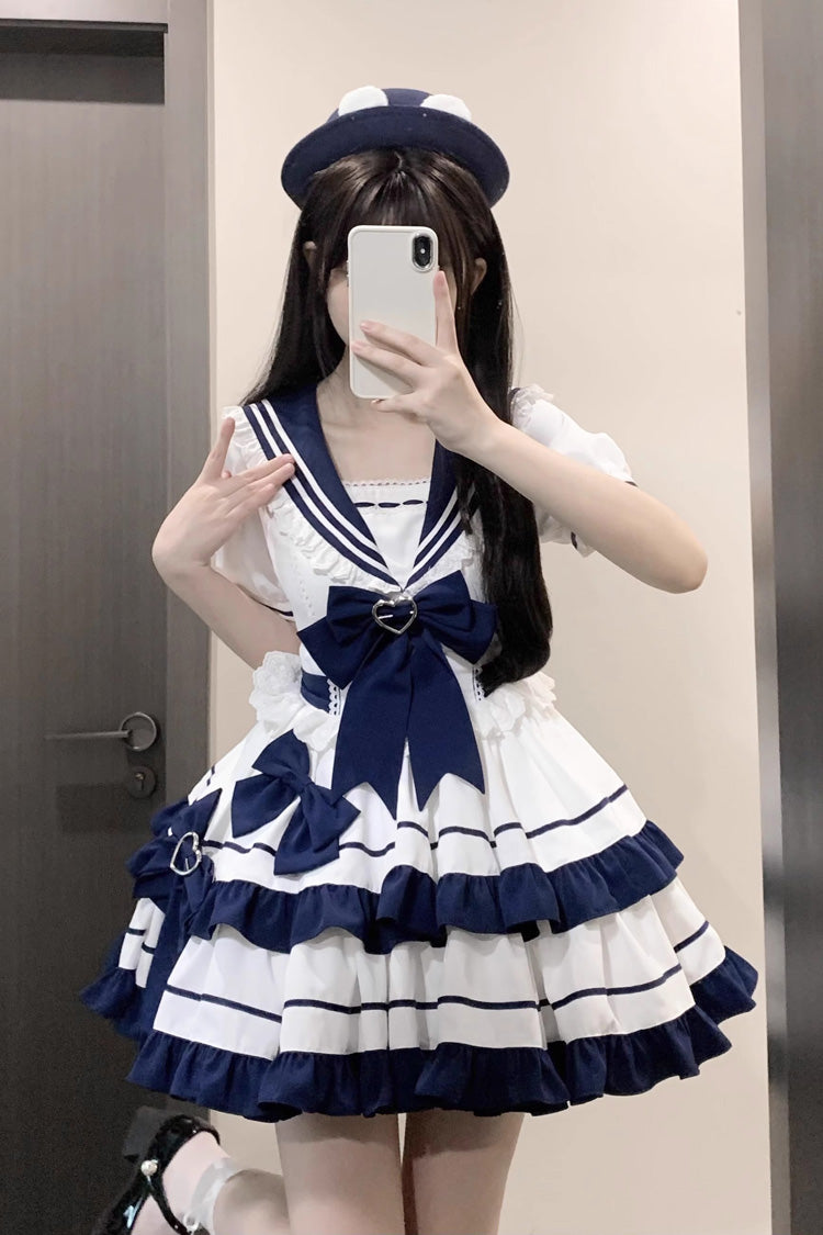 Dark Blue Navy Style Short Sleeves Double Layer Ruffle Bowknot Lace Sweet Lolita Dress - Product - 8