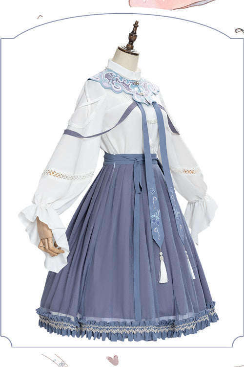 White/Blue Chinese Style Hollow Long Sleeve Classic Lolita Dress Full Set - Product - 6