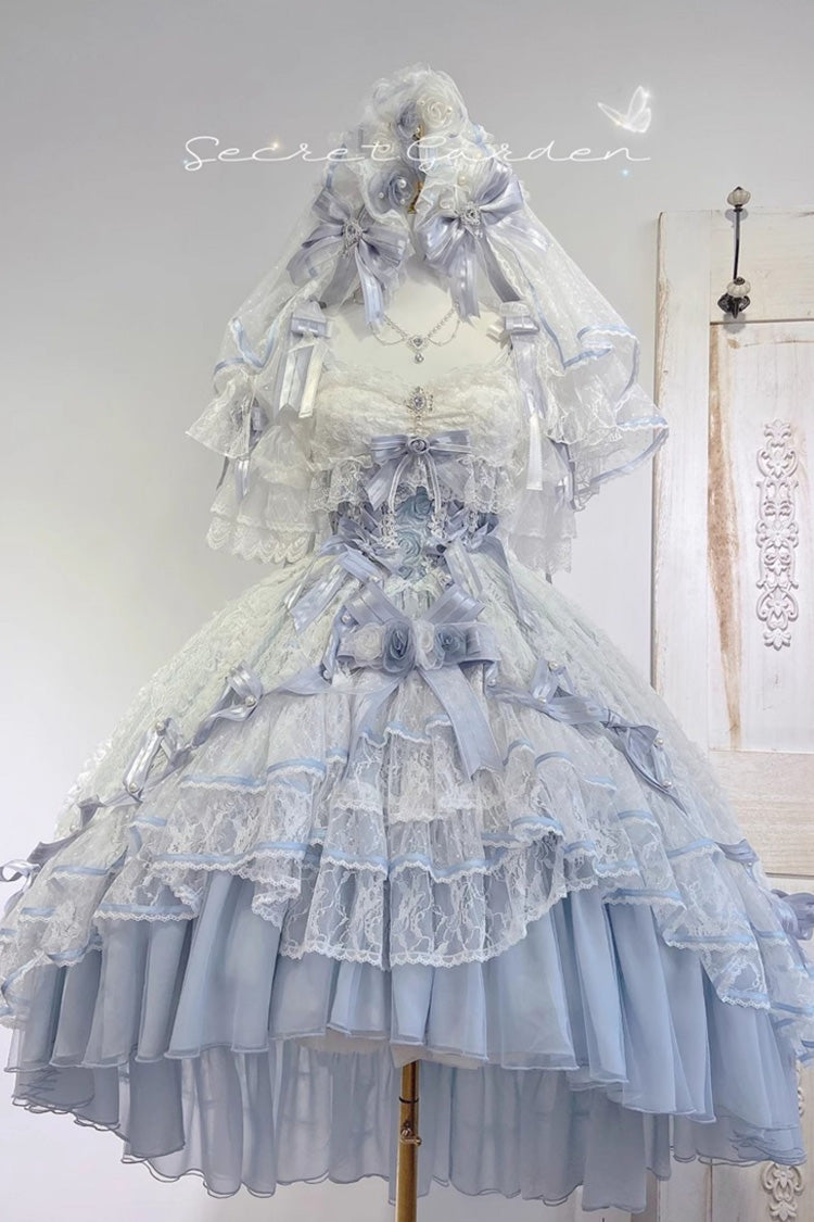 Blue [Diane Rose] Short Sleeves Multi-Layered Jacquard Ruffle Hanayome Cardigan Bowknot Lace Sweet Lolita Dress - Product - 18