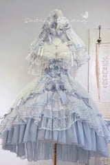 Blue [Diane Rose] Short Sleeves Multi-Layered Jacquard Ruffle Hanayome Cardigan Bowknot Lace Sweet Lolita Dress - Product - 18