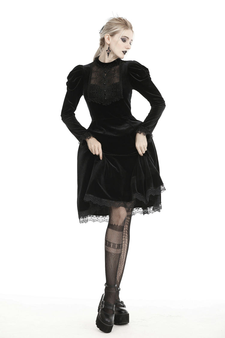 Black Lace Long Puff Sleeves Women's Gothic Velet Dress - Black - 1