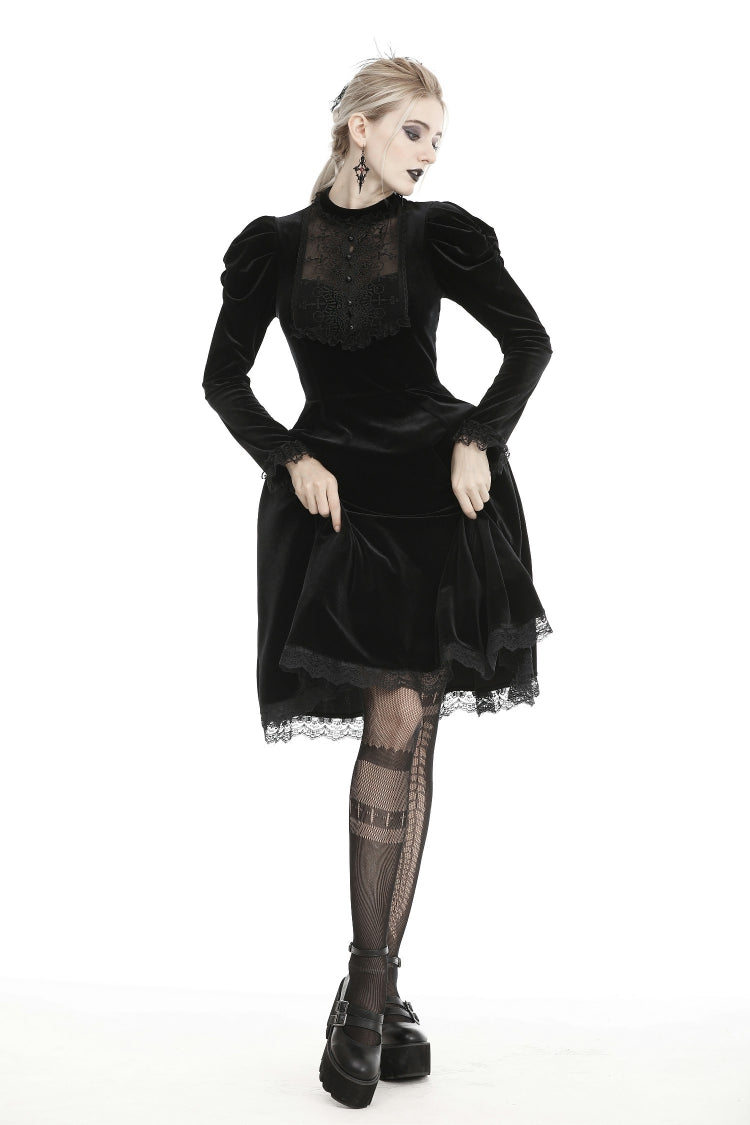 Black Lace Long Puff Sleeves Women's Gothic Velet Dress - Black - 1