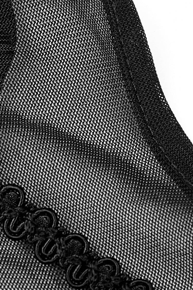 Black High Collar Sleeveless Stitching Lace Lace-Up Mesh Women's Gothic T-Shirt - Product - 6